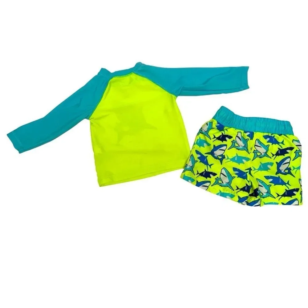 Wave Zone Swimsuit Bright Green/Yellow & Blue 2-Pieces Sharks Baby Boy Size 12M